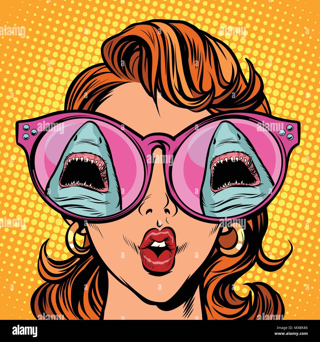 La donna guarda lo squalo con sorpresa. Fumetto cartoon arte pop retrò illustrazione vettoriale disegno Illustrazione Vettoriale