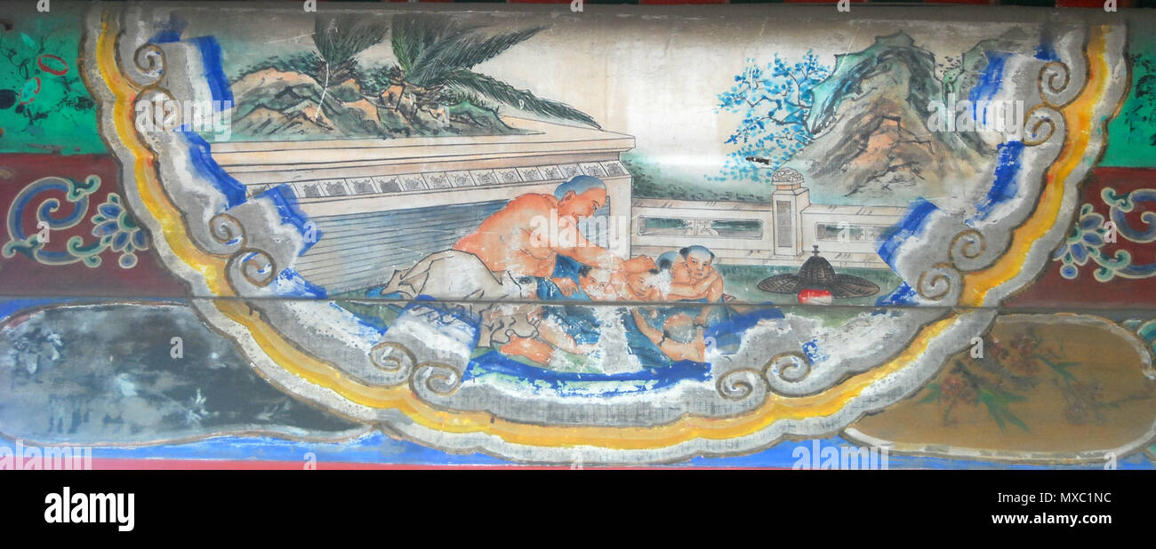 . 颐和园长廊上的彩绘：皆大欢喜，又名六子闹弥勒，仿清代画家陆鹏画作 . 2008-04拍摄，绘画年代大约于19世纪末. shizhao (talk)拍摄，画者不明 389 Maitreya (lungo corridoio) Foto Stock