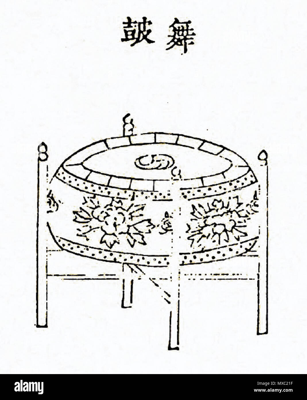 . Inglese: Buk (tamburo coreano) per mugo, corte Coreana danza del tamburo. 한국어: 악학궤범(樂學軌範) 권3 '고려사악지' 속악정재에 실린 무고를 위한 북의 모습 . Periodo Joseon. Corte ignoti pittori 346 Korea-Buk per mugo Foto Stock