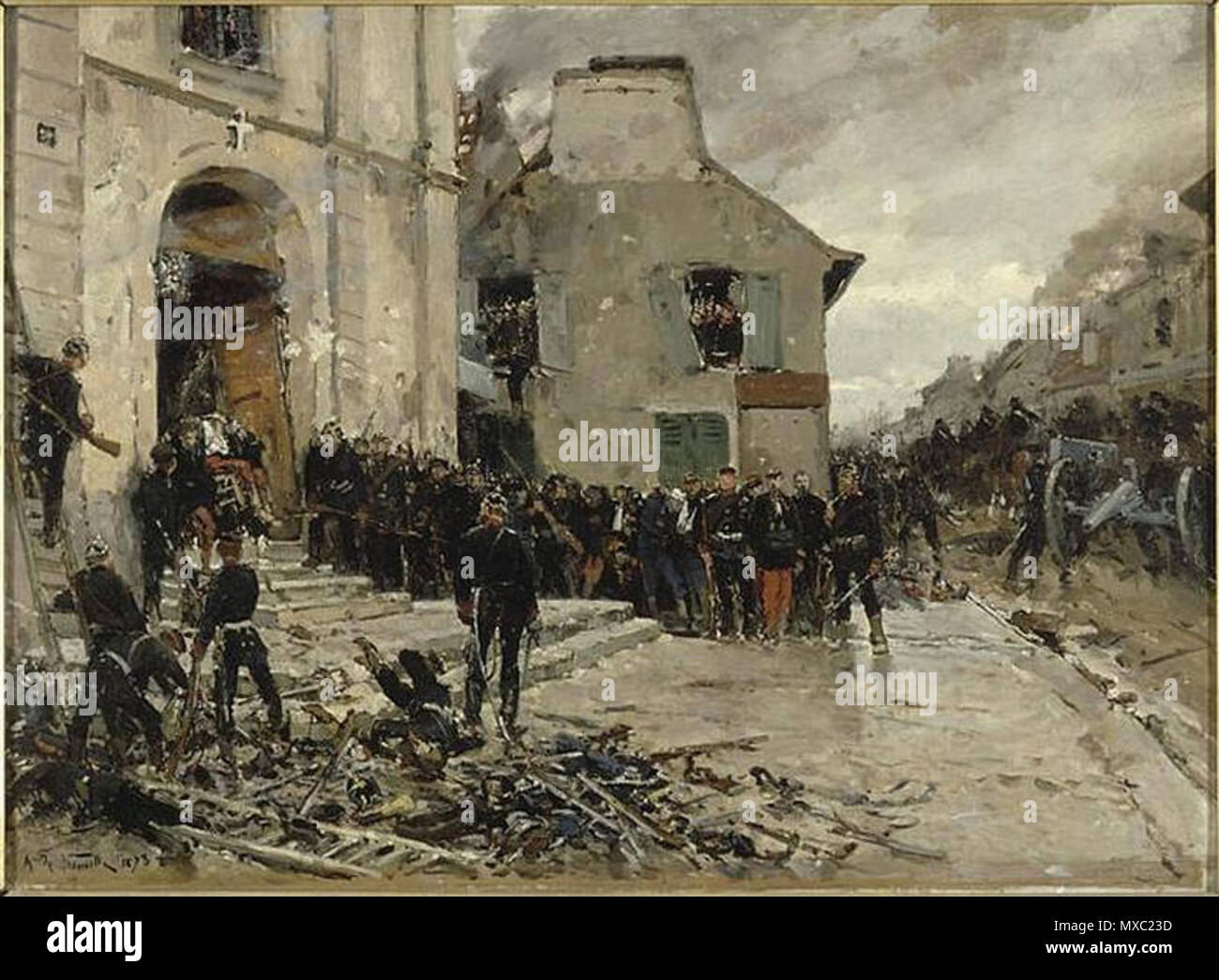 . Le Bourget . Français : tableau de 1878 d'Alphonse de Neuville. La défaite française lors de la première bataille du Bourget. Les troupes françaises s'étaient réfugiées pour une parte dans l'église Saint-Nicolas lors de la contre-attaque allemande du 30 octobre 1870. Deutsch: Gemälde von Alphonse de Neuville aus dem Jahr 1878, Die französische Niederlage in der Ersten Schlacht bei Le Bourget. Französische Truppen hatten sich bei der deutschen Gegenoffensive am 30. Oktober 1870 in die Kirche Saint-Nicolas zurückgezogen und mussten dort kapitulieren . 1878 362 Le Bourget, 30 octobre 1870 (1878 Foto Stock