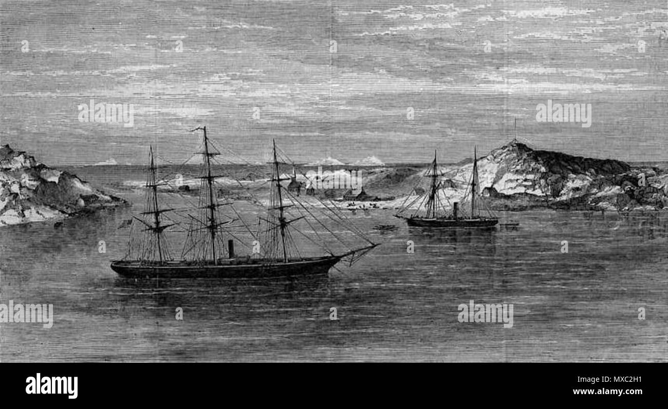 . Inglese: "Polaris" e "Congress" a Godhaven, discoteca, isola al largo della costa della Groenlandia, una incisione su legno da Harper's settimanale, maggio 1873. Congresso USS (sinistra) sono arrivati alla discoteca isola il 10 agosto 1871 trasportare materiali per Charles Francis Hall per la spedizione artica a bordo Polaris, che cotto a vapore lontano il 17 agosto. Il 25 luglio 2008 (originale data di caricamento). Uploader originale era Hugh Manatee a en.wikipedia 599 la Polaris e Congresso a Godhaven, discoteca Isola Foto Stock