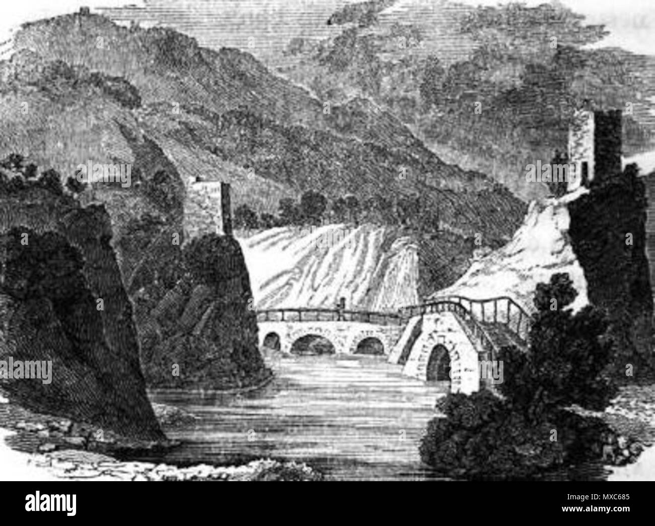 . Inglese: una illustrazione che mostra un paesaggio Georgiana con un vecchio ponte e torri. Capitolo 12, viaggi in Russia, la Krimea, Caucaso e Georgia, vol 1, da Robert Lyall (Londra, 1825) . 1825. Robert Lyall 383 Lyall Robert, Cap. XII illustrazione Foto Stock