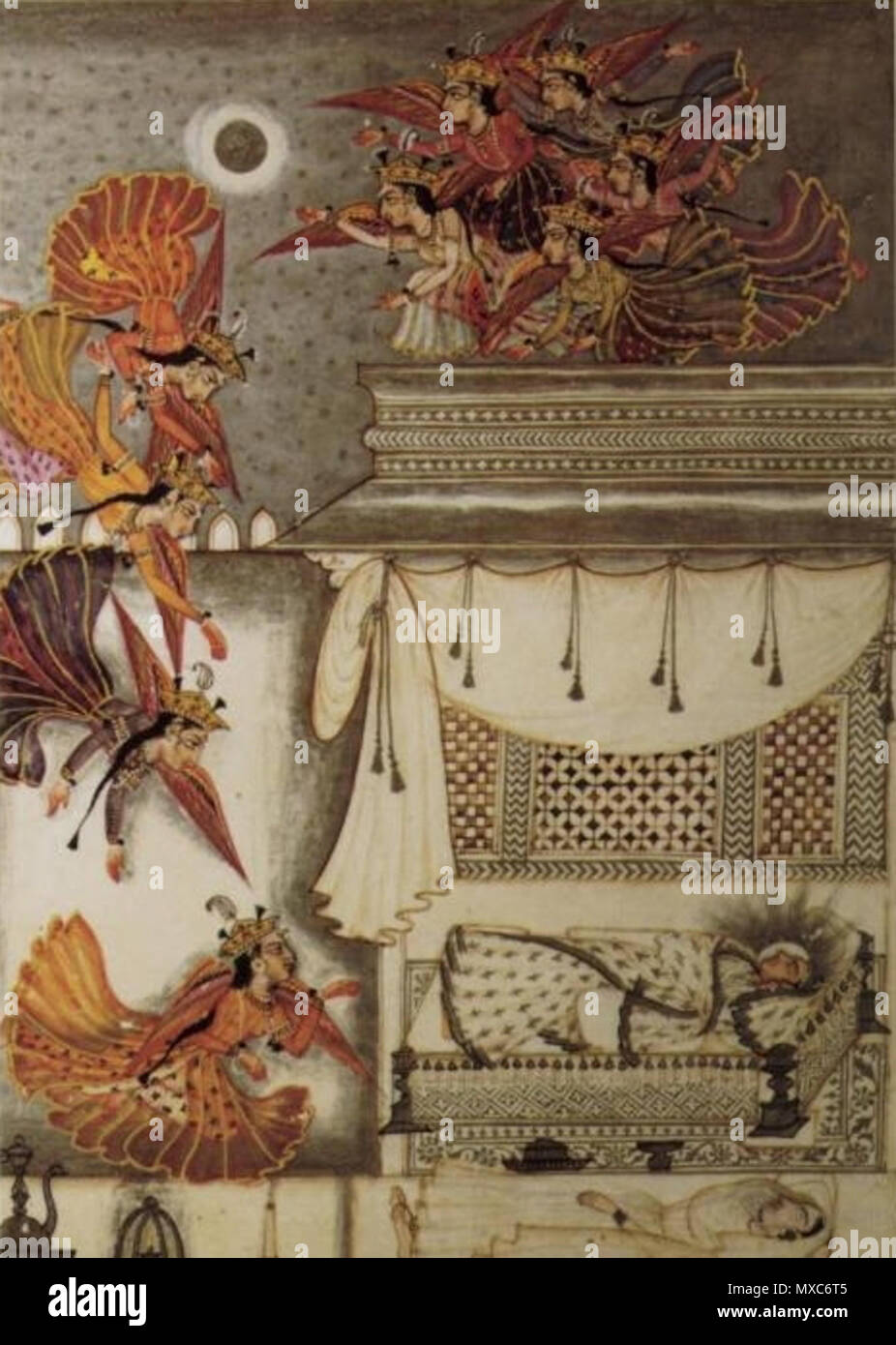 . Inglese: Fate tornare Manohar. Illustrazione per la mistica sufi storia Madhumalati. Norsk nynorsk: Alvane tek Manohar tilbake. Illustrasjon til den mystiske sufi-forteljinga Madhumalati. . Sconosciuto. Dal Rose-Garden dell amore, realizzati in Hyderabad tra 1741 e 1743. Scuola Deccan, India. Ora in Philadelphia Museum of Art. 386 Madhumalati Foto Stock