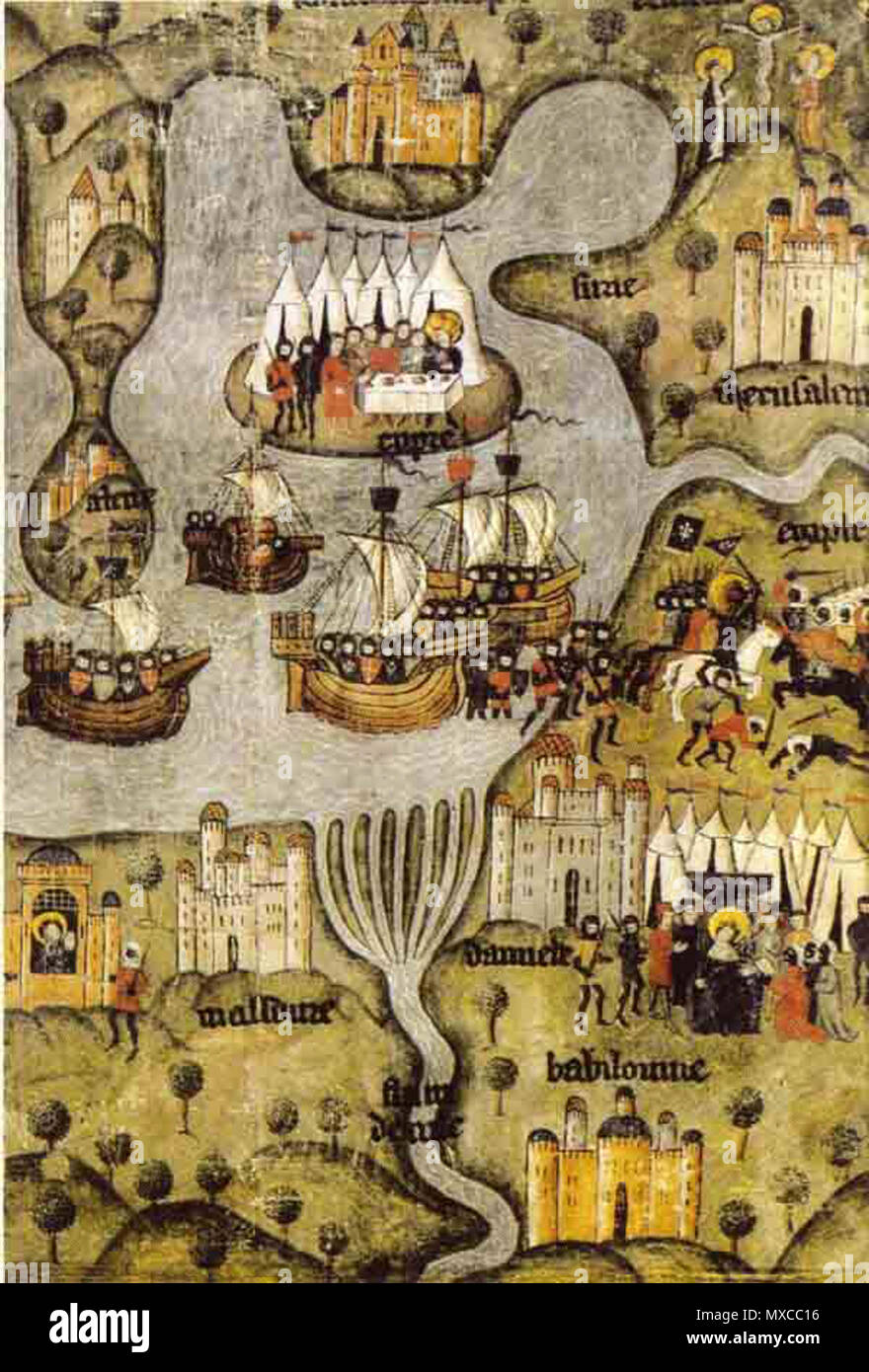 . Inglese: mappa del Medio Oriente; dettaglio da una rappresentazione delle crociate di Saint Louis. Manoscritto illuminato foglia, disegnata da un artista sconosciuto nello stile della prima metà del XV secolo. Conservato al Metropolitan Museum of Art di New York. Deutsch: Karte des östlichen Mittelmeers; Ausschnitt einer Darstellung der Kreuzzüge Ludwigs des Heiligen. Illuminierte Manuskriptseite, gezeichnet von einem unbekannten Meister im Stile der Ersten Häfte des 15. Jahrhunderts. Im Aufbewahrt Metropolitan Museum of Art di New York. Medioevo. 410 Sconosciuto Mappa medievale medio oriente Foto Stock