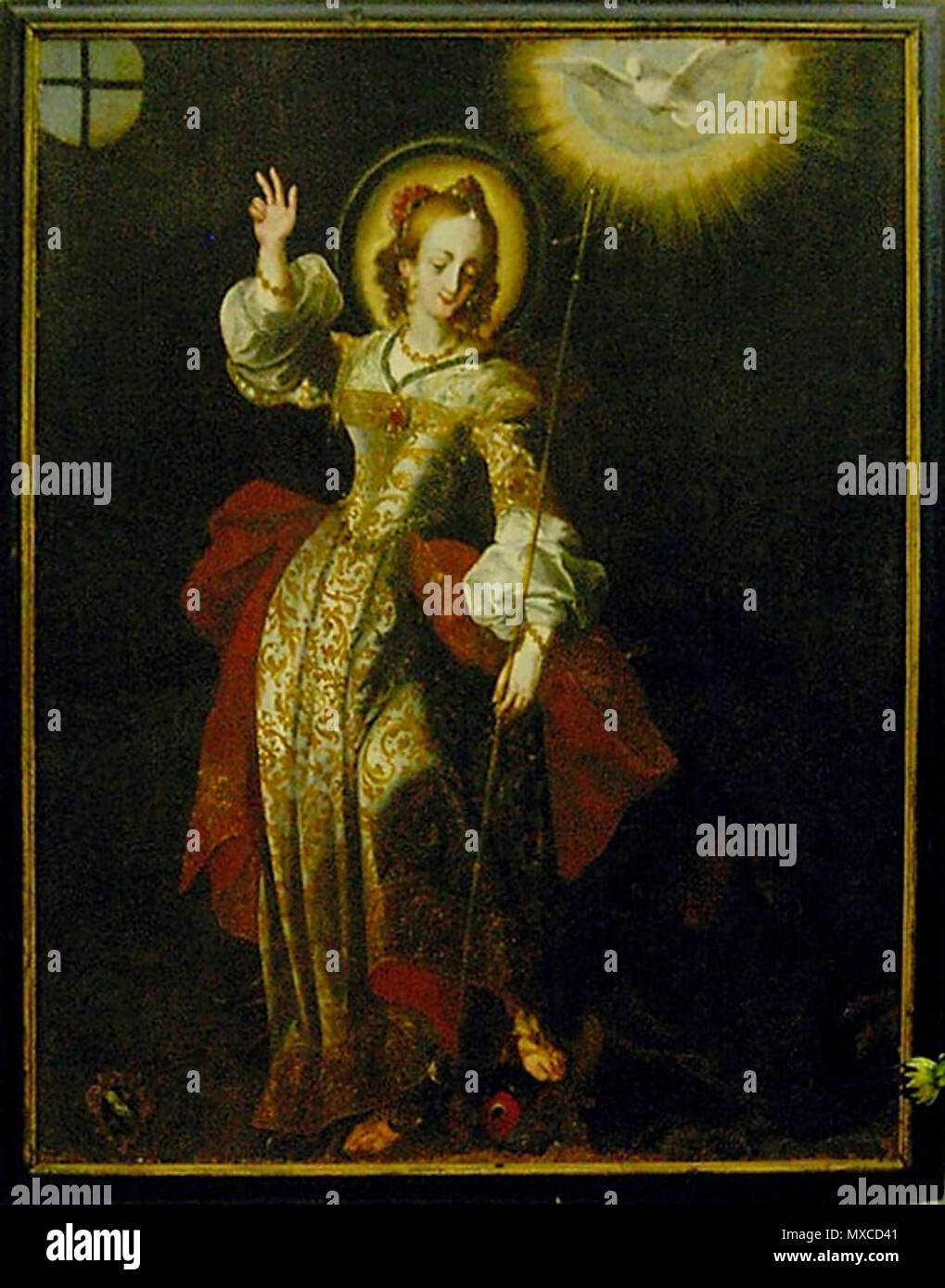 . Deutsch: Bildnis der Hl. Margareta im Kloster Neustift/Südtirol inglese: Margaret la Vergine in un dipinto nella abbazia di Novacella, Neustift, Alto Adige, Italia . Foto scattata il 20 luglio 2008 / Pittura almeno dalla fine del XVIII secolo nella costruzione, vedi qui.. Foto di MadeleineSchäfer presso de.wikipedia 571 St Margareta Neustift Foto Stock