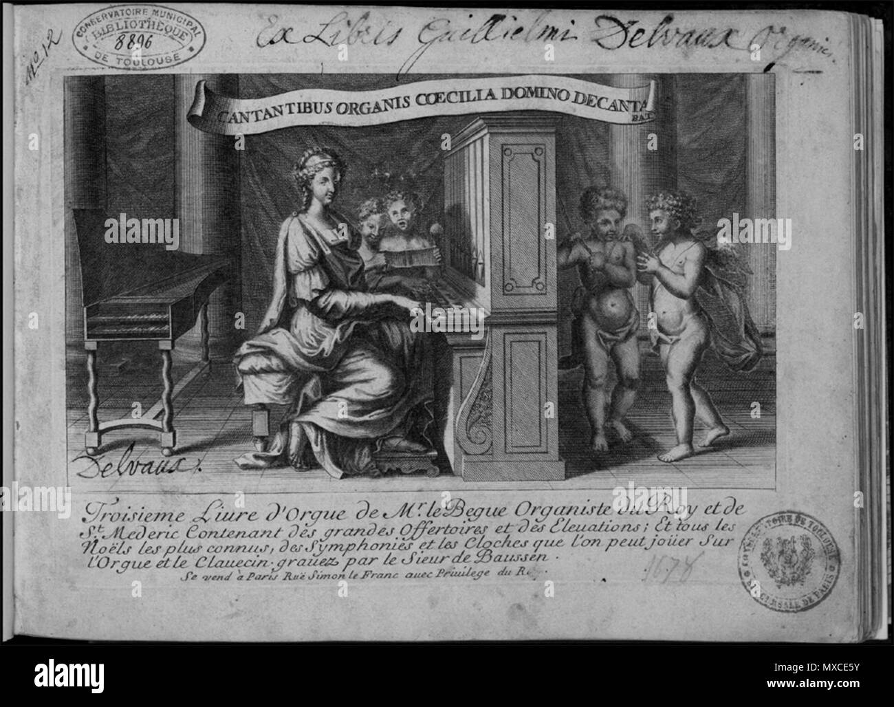 . Inglese: Titolo pagina di Nicolas Lebègue la troisieme Livre d'orgue, pubblicato 1685 - quindi la indicazione di PD. Trovate qui: [1] . Nicolas Lebègue 365 Lebegue 3e livre titolo Foto Stock