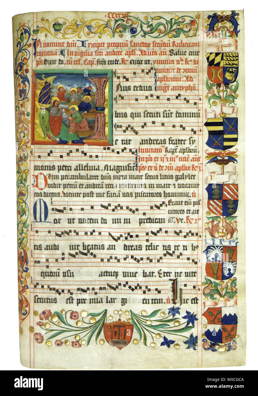. Lorcher Antiphonar, WLB Stuttgart, Cod. mus. Ho fol. 63, il beato 223r: Wappen der württembergischen Hofämter und ihrer Inhaber . Dicembre 1511. Questo file è privo di informazioni sull'autore. 376 Lorcher chorbuch hofaemter Foto Stock
