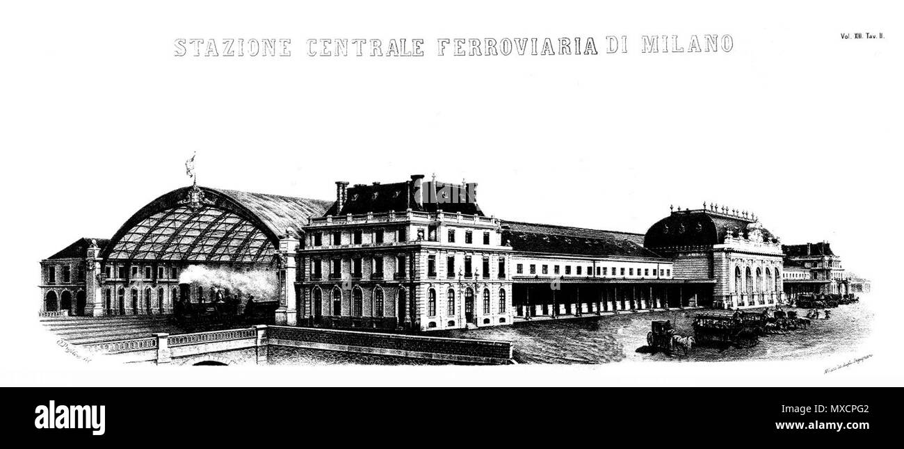 . Inglese: Riproduzione della prima stazione di 'Milano Centrale - 1865 incisione del primo 'Milano Centrale Stazione ferroviaria - 1865 due tavole erano stati uniti, leggermente restaurata e pulita da me stesso . 1865. Silvio Gallione 417 Milano Stazione Centrale 1865 Foto Stock