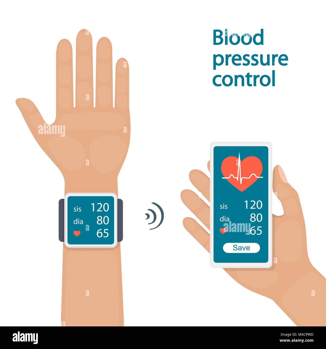 La misurazione e il monitoraggio della pressione sanguigna con gadget moderni e applicazioni mobili. L'uomo controllando la pressione del sangue arterioso con dispositivo digitale ton Illustrazione Vettoriale