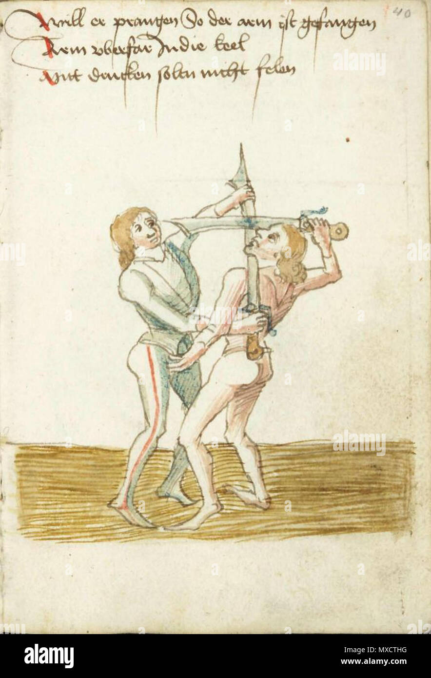 . Inglese: Dal Kunsthistorisches Museum manoscritto KK5012. È stato scritto da Peter Falkner, certificato Master della spada lunga e di tre-tempo Hauptmann della scherma Marxbrüder guild, nel 1495 e illustrato da un artista sconosciuto. 17 ottobre 2012, 18:42:59. Peter Falkner (artista sconosciuto) 429 Ms. KK5012 40r Foto Stock . Inglese: Dal Kunsthistorisches Museum manoscritto KK5012. È stato scritto da Peter Falkner, certificato Master della spada lunga e di tre-tempo Hauptmann della scherma Marxbrüder guild, nel 1495 e illustrato da un artista sconosciuto. 17 ottobre 2012, 18:42:59. Peter Falkner (artista sconosciuto) 429 Ms. KK5012 40r Foto Stock