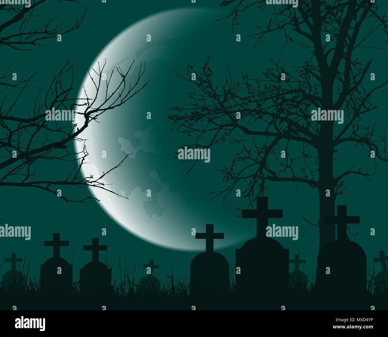 Illustrazione vettoriale di un cimitero con lapidi, gli alberi morti e Crescent Moon - adatto per Halloween Illustrazione Vettoriale