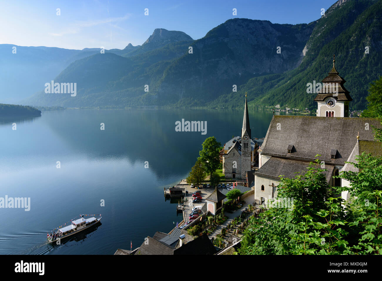 Hallstatt: Hallstätter vedere (lago Hallstatt), Hallstatt Città Vecchia in Austria, Oberösterreich, Austria superiore, regione del Salzkammergut Foto Stock