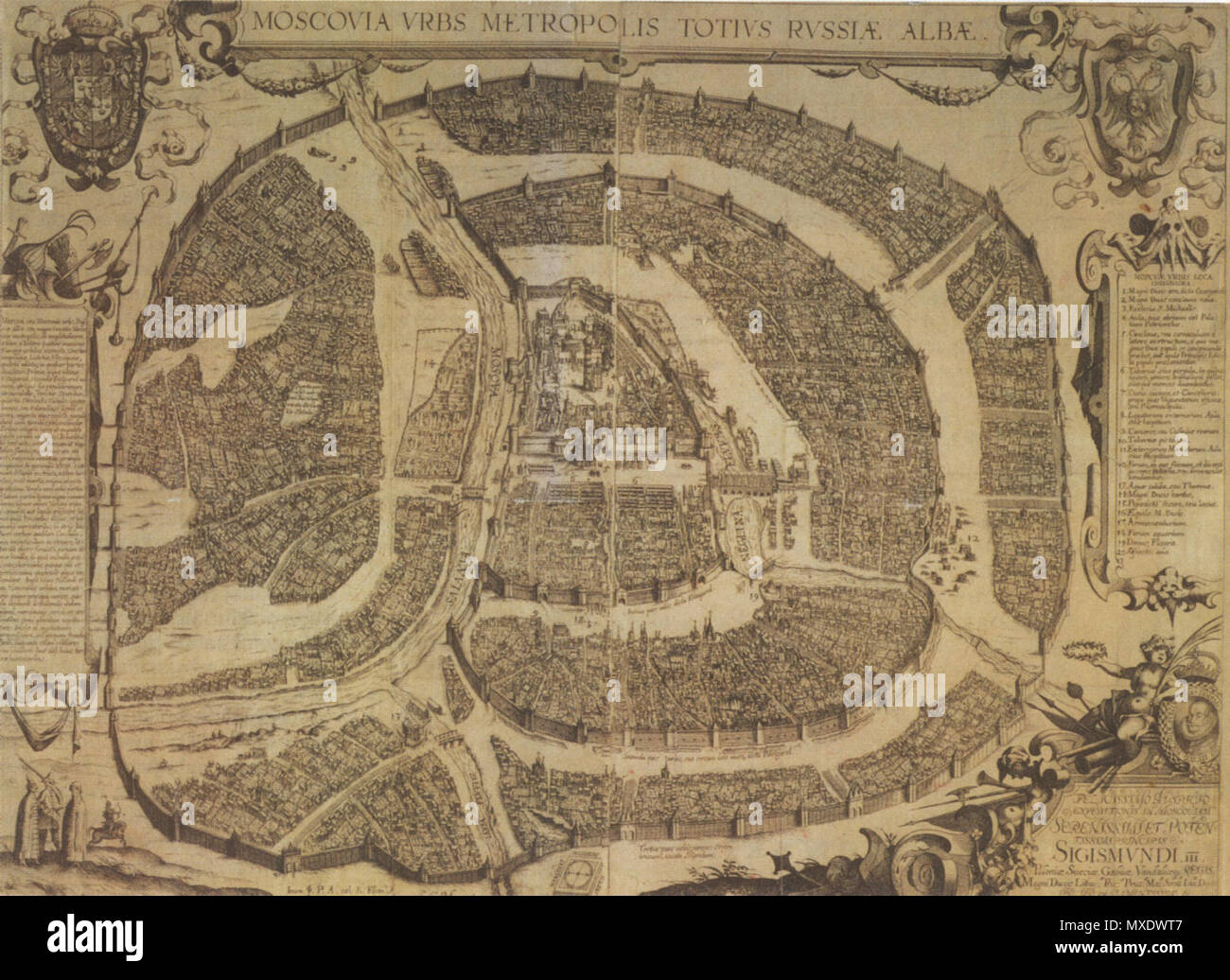 . Inglese: Mappa di Mosca 1610 Polski: Piano Moskwy tzw. zygmuntowski z 1610: w centrum Kreml, na wschód od niego Kitajgorod (dzielnica handlowa), dalej na zewnątrz Biełgorod oraz Skorodom lub Ziemljannyj gorod . Il XVII secolo. Sconosciuto 426 Mosca 1610 Foto Stock