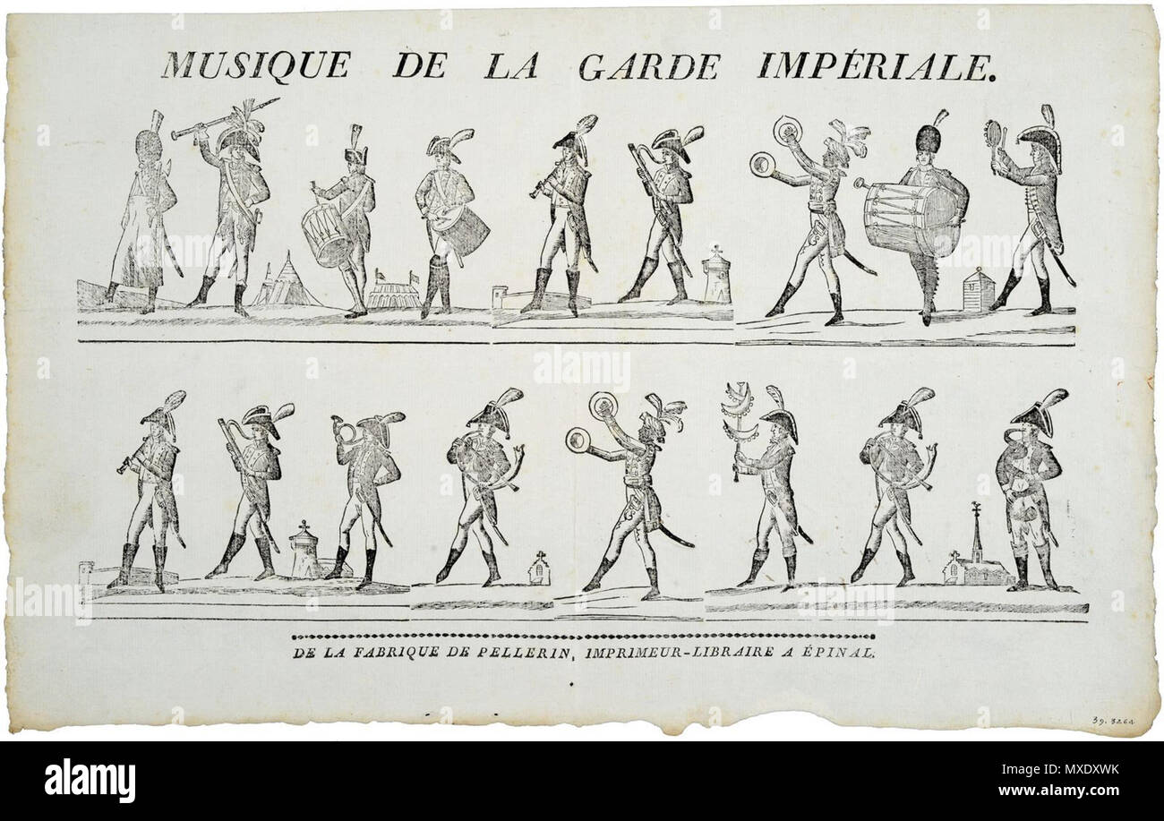 . Français : Musique militaire sous le 1er impero, immagine d'Epinal. Les percussioni (caisse roulante, grosse caisse, chapeau chinois, cymbales, tamburo basco) tiennent une parte ponderosa au détriment des instruments à vent disparates (basson, serpent cornet, clarinette, cor). Le tambour-major fait funzione de chef de musique. 1 maggio 2014, 15:48:43. Imagerie Pellerin Epinal. 434 Musique militaire sous le 1er impero, immagine d'Epinal. Foto Stock