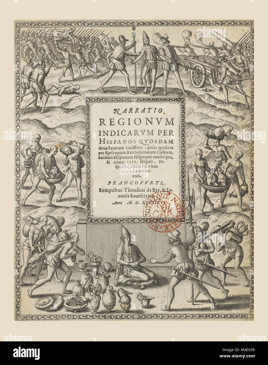 . Français : Bartolomé de las Casas (1474-1566).- Narratio regionum Indicarum per Hispanos quosdam devastatarum verissima , priùs quidem per episcopum Bartholemaeum Casaum, natione Hispanum Hispanicè conscripta, & anno 1551. Hispali, Hispanicè, anno verò hoc 1598. Latinè excusa, Francofurti, sumptibus T. De Bry, et J. Saurii typis. Anno M. D. XCVIII, 1598. Il 27 aprile 2015. Bartolomé de las Casas (1474-1566), Jean Théodore de Bry (1561-1623), Johann Israël de Bry, (1570?-1611), Graveurs, Joos Van Winghe (1544-1603), Peintures. 438 Narratio regionum Indicarum per Hispanos quosdam devastatarum v Foto Stock . Français : Bartolomé de las Casas (1474-1566).- Narratio regionum Indicarum per Hispanos quosdam devastatarum verissima , priùs quidem per episcopum Bartholemaeum Casaum, natione Hispanum Hispanicè conscripta, & anno 1551. Hispali, Hispanicè, anno verò hoc 1598. Latinè excusa, Francofurti, sumptibus T. De Bry, et J. Saurii typis. Anno M. D. XCVIII, 1598. Il 27 aprile 2015. Bartolomé de las Casas (1474-1566), Jean Théodore de Bry (1561-1623), Johann Israël de Bry, (1570?-1611), Graveurs, Joos Van Winghe (1544-1603), Peintures. 438 Narratio regionum Indicarum per Hispanos quosdam devastatarum v Foto Stock