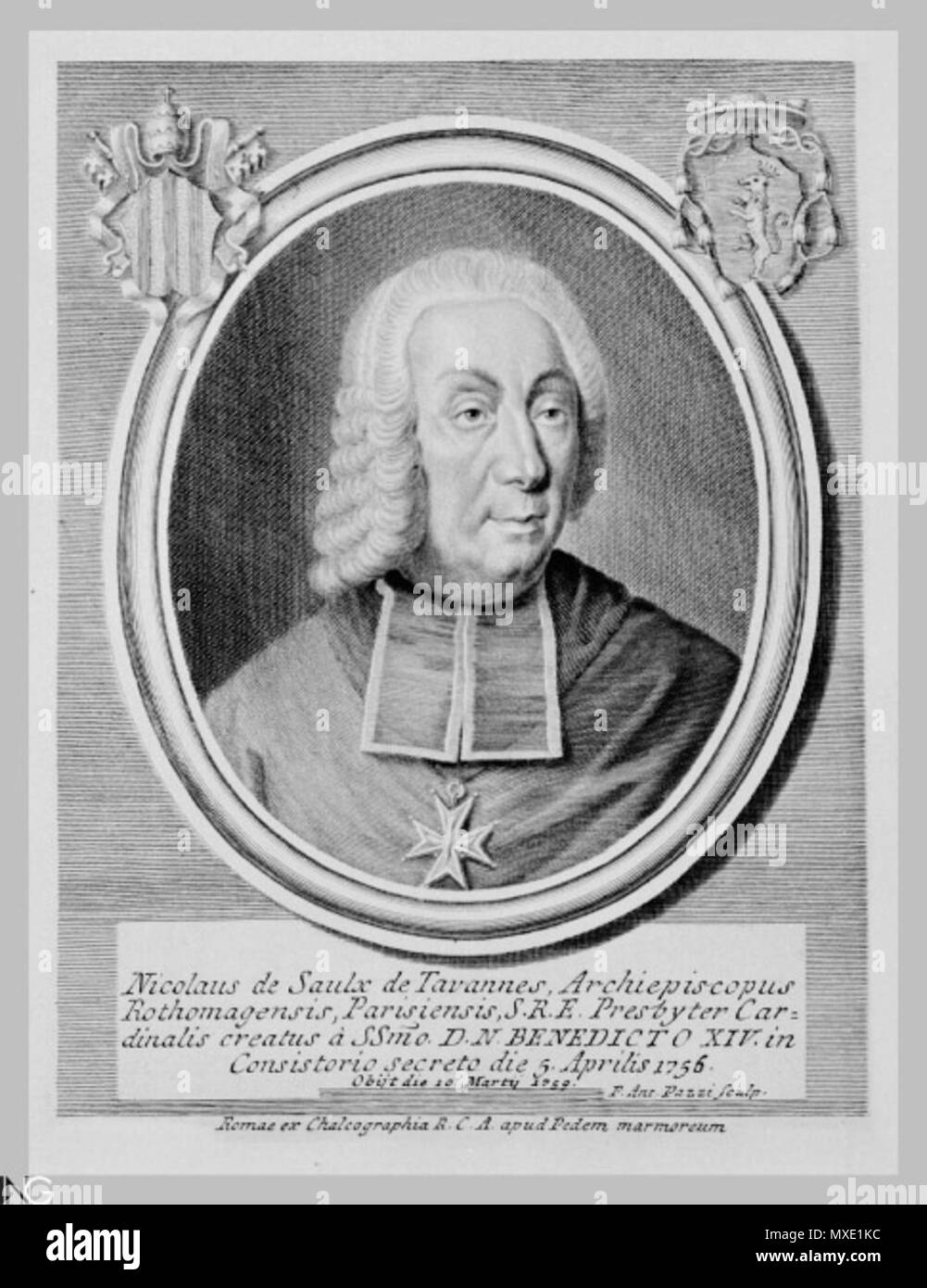 . Inglese: Nicolas de Saulx de Tavannes (1690-1759), francese vescovo e cardinale Deutsch: Nicolas de Saulx de Tavannes (1690-1759), französischer Bischof und Kardinal Français : Gravure de Nicolas de Saulx-Tavannes (1690-1759), archevêque de Rouen et cardinale, grand aumônier de France . Il XVIII secolo. Pietro Antonio Pazzi (Firenze, 1706-1770) 444 Nicolas-saulx-tavannes Foto Stock