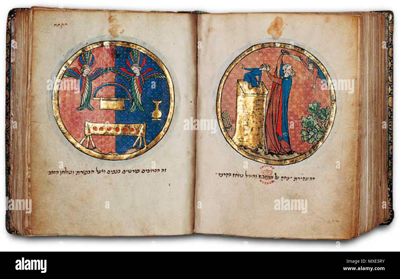 . Inglese: Folio 521b (destra) del nord francese Miscellanea ebraico manoscritto. - Il legame di Isacco. 'E Abramo ... legato il suo figlio ... stese la mano e prese il coltello per immolare suo figlio ... e l'angelo di Dio lo chiamò di cielo ... e ... dietro di lui era una ram catturati nel canneto dalle sue corna" (Gen. 22:9-13). Abramo si distingue per l'altare, Isacco presa dal ciuffo, il suo coltello in bilico. Egli trasforma la sua testa verso un angelo che trattiene la lama del coltello, evitando che si tocchino Isacco. Allo stesso tempo egli punti in una ram catturati in una boccola. La scena della Akedah, Foto Stock