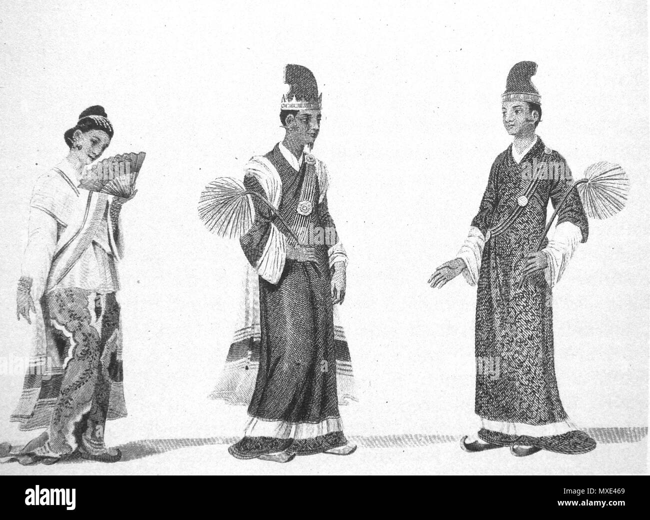 . Inglese: Un Attawoon, o il ministro degli Interni, e sua moglie (sinistra). Un Seredogee, o un segretario di Stato (a destra). Nella loro veste di cerimonia. Inglese: pubblicato il 1 Novembre 1799 da G. Nicol. Pall Mall & J. Wright, Piccadilly, Londra. . Inglese: disegnato da Singey Bey, inciso da T. Medland. 105 Tribunale birmano funzionari 1795 Foto Stock