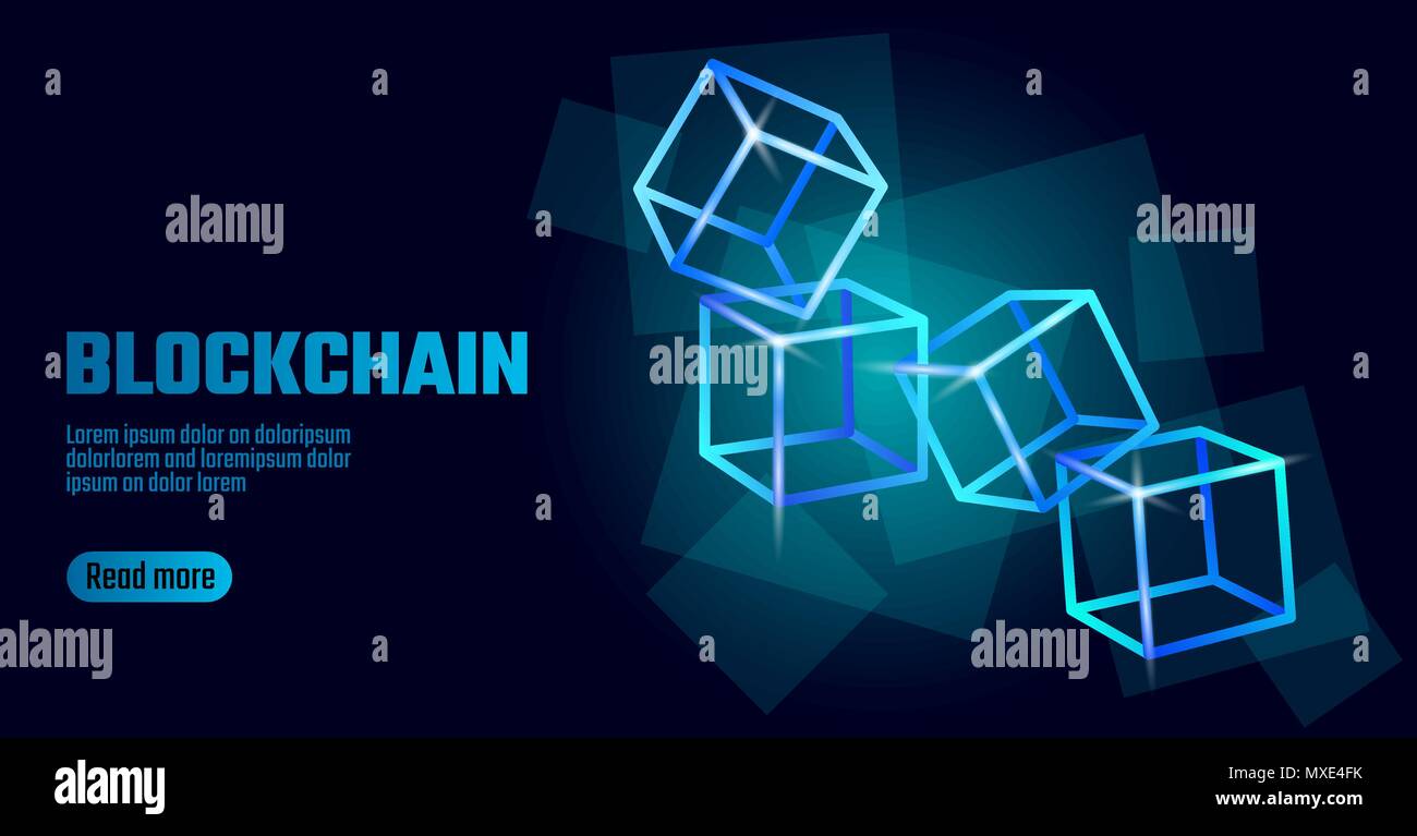 Cubo Blockchain simbolo della catena sul codice di piazza grande di informazioni sul flusso di dati. Neon blu incandescente tendenza moderna. Finanza Cryptocurrency bitcoin concetto aziendale illustrazione vettoriale modello di sfondo Illustrazione Vettoriale