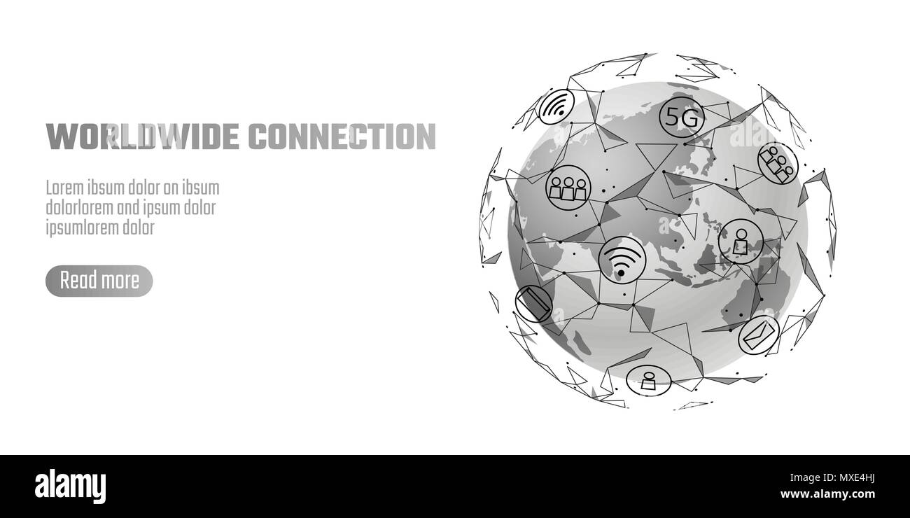 Rete globale di connessione. Mappa Mondo Asia continente linea punto di informazioni a livello mondiale della tecnologia di scambio dat business. Il pianeta terra spazio bassa poli rendering poligonale illustrazione vettoriale Illustrazione Vettoriale
