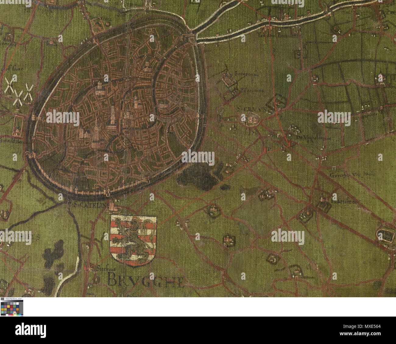 . Inglese: mappa vecchia di Kaart van het Brugse vrije, dettaglio di bruges . 15xx. Pieter Claeissens de Jonge, XVI secolo 455 mappa vecchia di Kaart van het Brugse vrije, dettaglio di Bruges Foto Stock