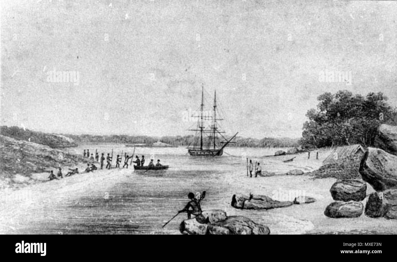 . Inglese: Questa immagine mostra un incisione fatta da uno schizzo di Oyster Harbour realizzato da Phillip Parker re nel 1818. 26 maggio 2005 (originale data di caricamento). L'originale uploader era Hesperian a Wikipedia inglese 462 Oyster Harbour (RE 1818) Foto Stock