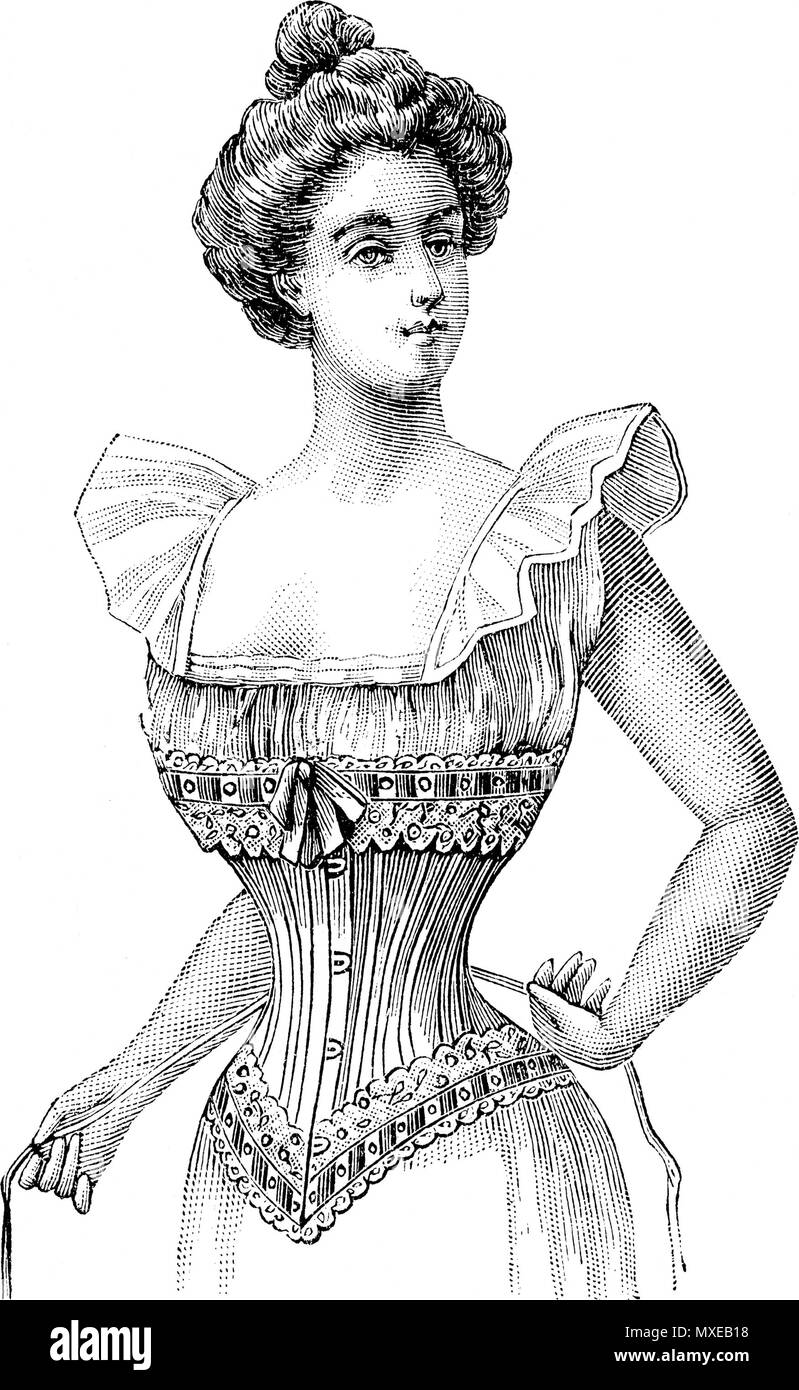 . Français : No. 850 corsetto en moire de soie ou rose noire, baleinage souple, busc 29, du 46 au 66 - prix 12.90 Inglese: Corsetto in rosa o nero Seta moire, flessibile di disossamento, osso [lunghezza] 29[cm], [vita] da 46 a 66[cm] - Prezzo 12.90[franc] . 1897. Anonimo 448 N850corsetto en moire de soie rose Foto Stock