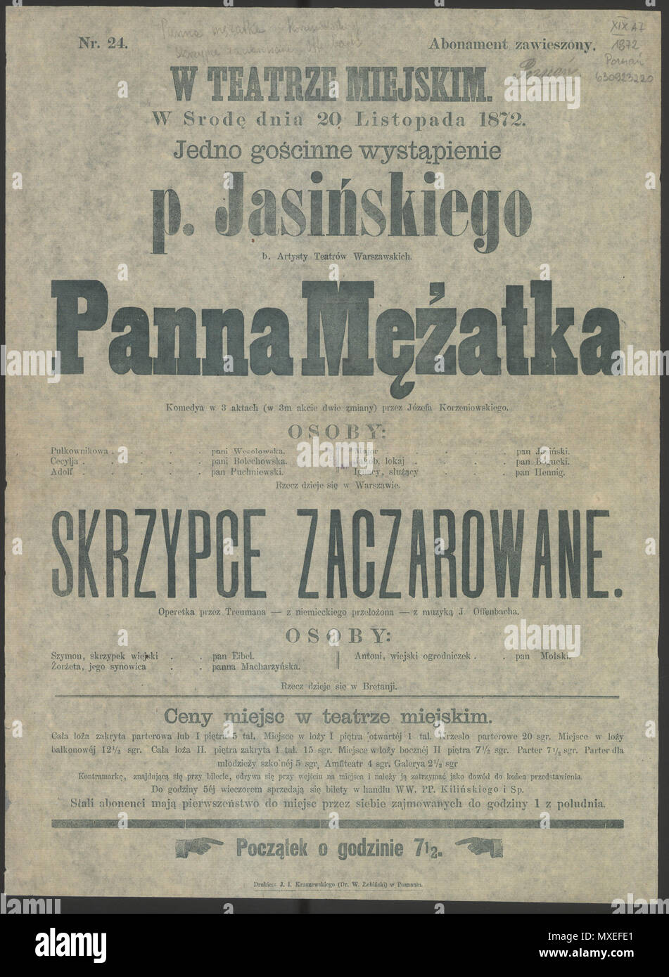 . Polski: Afisz teatralny z 1872 roku wykorzystujący rączki . 1872. J. I. Kraszewski 466 Pannamezatka Foto Stock