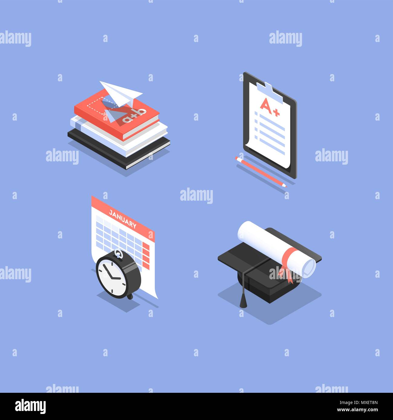 Set di vettore di isometrica Icone per l'educazione nelle scuole, college o università, come l'esame, graduazione di pianificazione e di libri di testo. Illustrazione Vettoriale