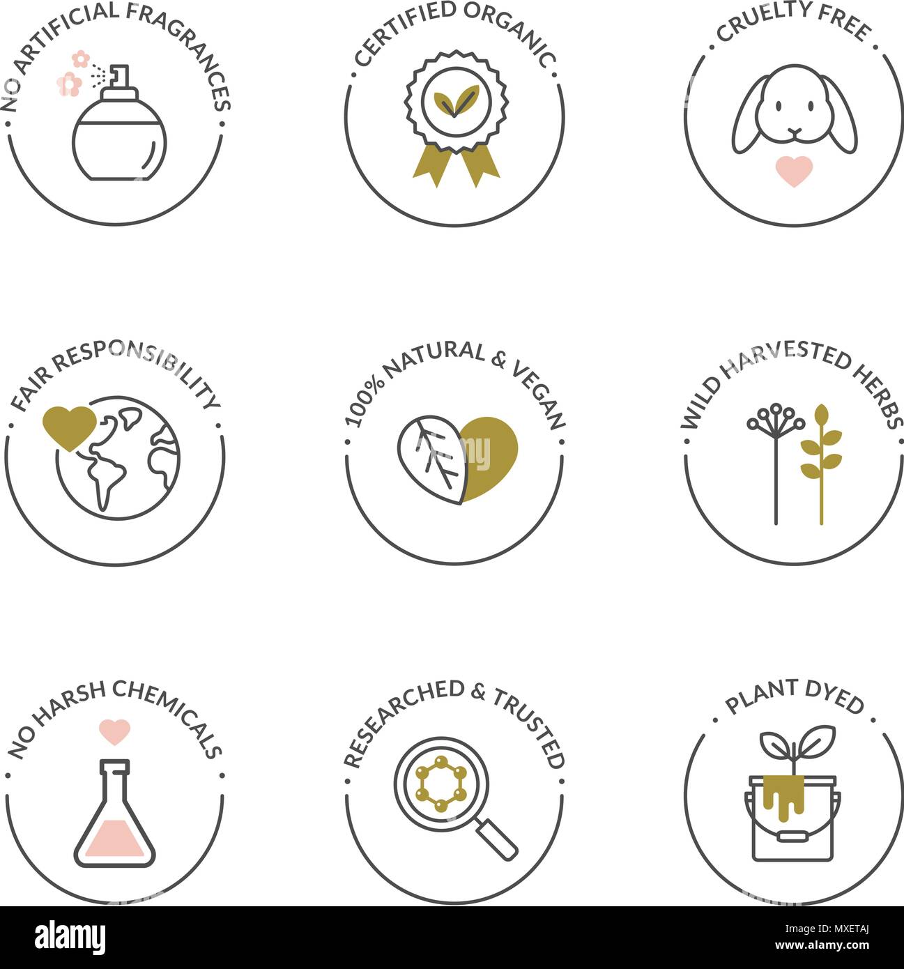 Set di vettore di linea elegante le icone per la cosmesi naturale - confezionamento del prodotto organico, non testato su animali. Illustrazione Vettoriale