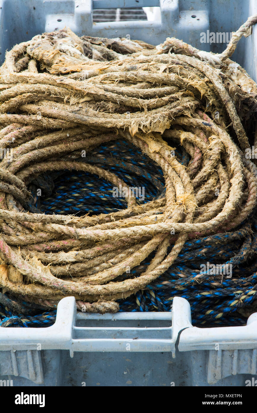 Elementi di necessità nautico su un dock di lavoro. Foto Stock