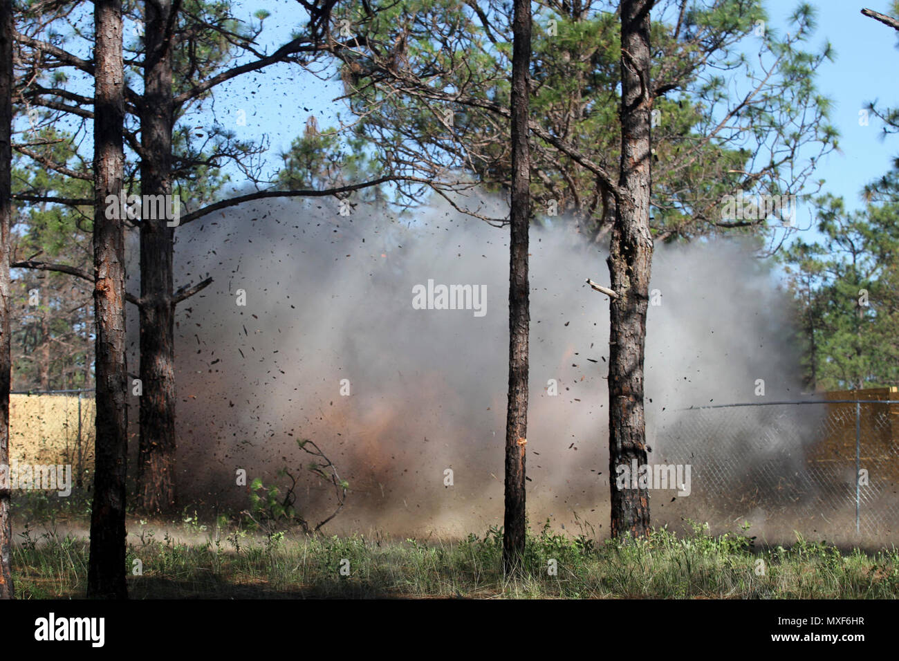Un siluro di Bangalore, posti dalla lotta contro gli ingegneri della Task Force 1-28, 48th della brigata di fanteria combattere la squadra, terza divisione di fanteria, esplode di violazione di un recinto di filo durante una società live-fire esercizio 3 Maggio 2017 a Fort Benning, Ga. La leadership di TF 1-28 convalidato l'azienda è pronta per un combattimento esportabile training center per esercitare 48th IBCT, impostato per il mese di giugno 2017 a Fort Stewart, Ga. Foto Stock