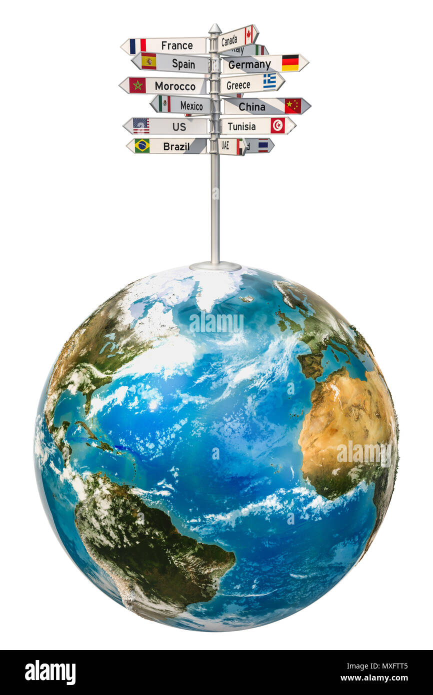 Cartello con i nomi di paesi con globo terrestre, rendering 3D Foto Stock