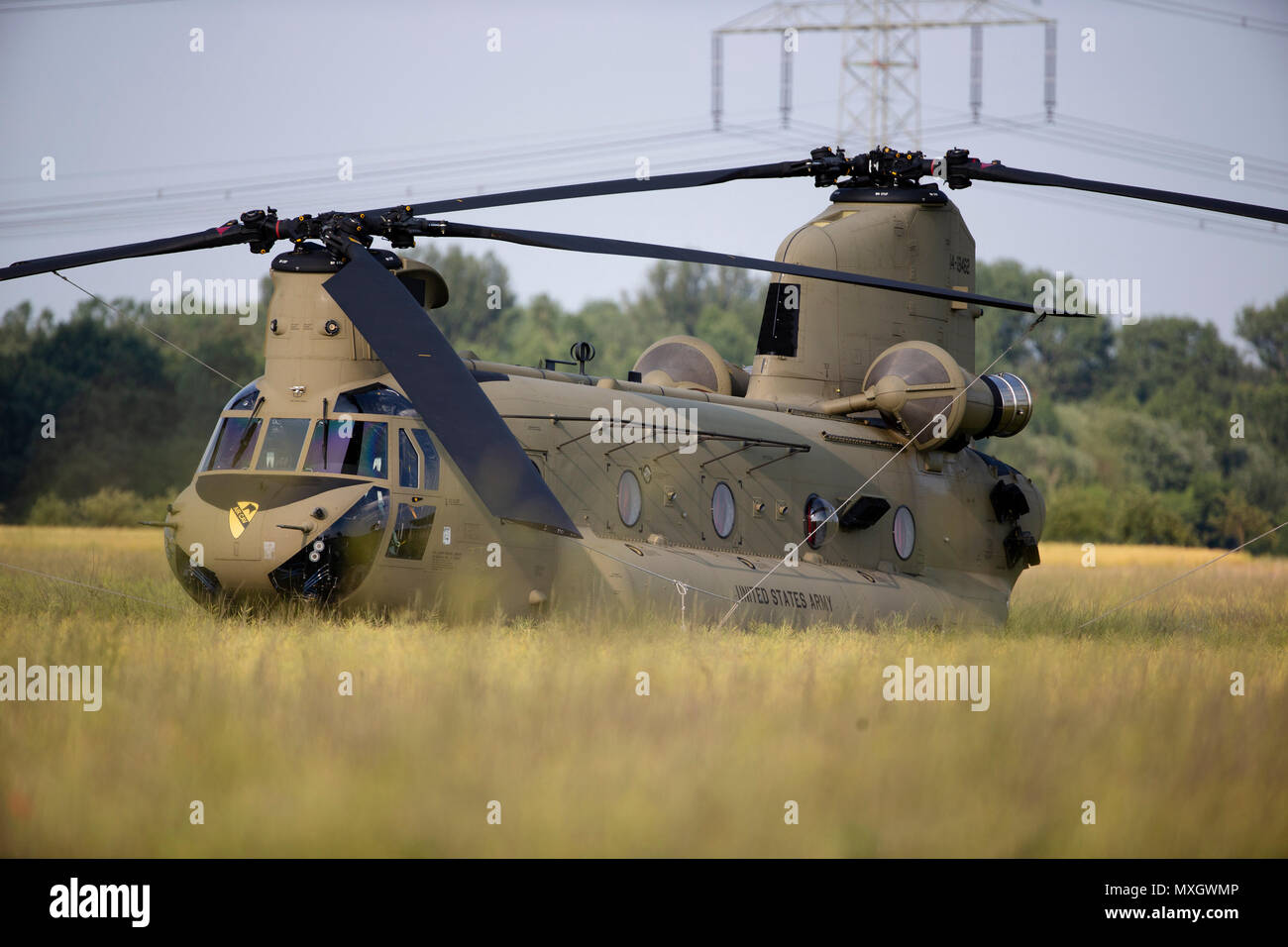 04 giugno 2018, Germania, Delitzsch: un esercito USA CH-47 elicottero nella foto dopo un atterraggio di emergenza in un campo vicino a Delitzsch. Non ci sono stati feriti, secondo la polizia. Il pilota di 18 metri di lunghezza per quasi 11-ton trasporti pesanti chopper, che era il suo modo di una base militare degli Stati Uniti in Polonia, ha segnalato un problema tecnico a pochi minuti prima dell'atterraggio di emergenza. Foto: Alexander Prautzsch/dpa-Zentralbild/dpa Foto Stock