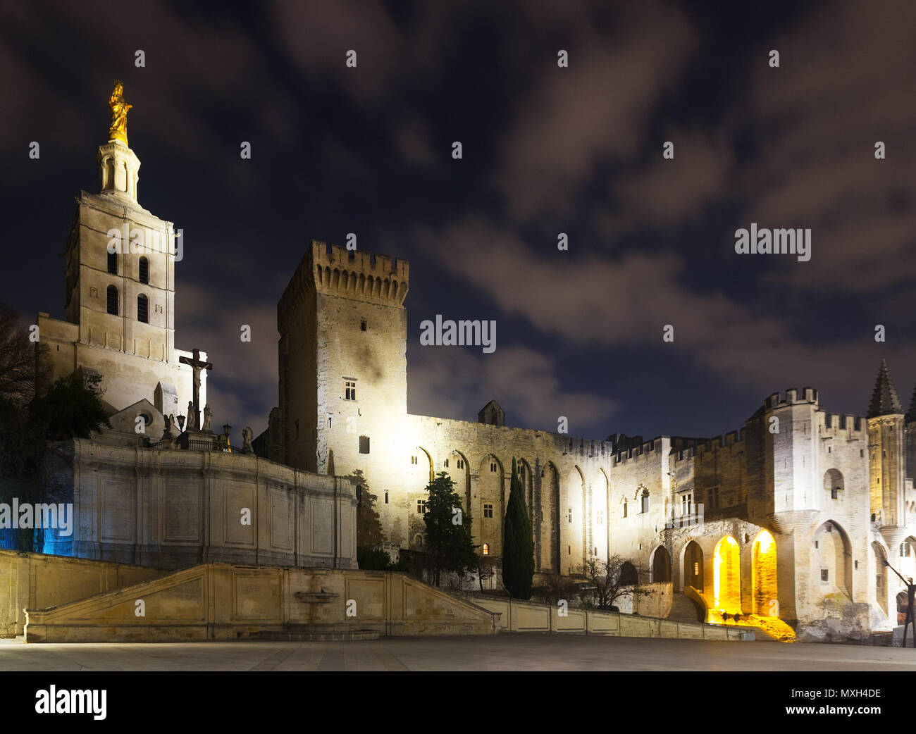 Vista notturna di Palais des Papes, il centro storico di Avignone, Francia Foto Stock