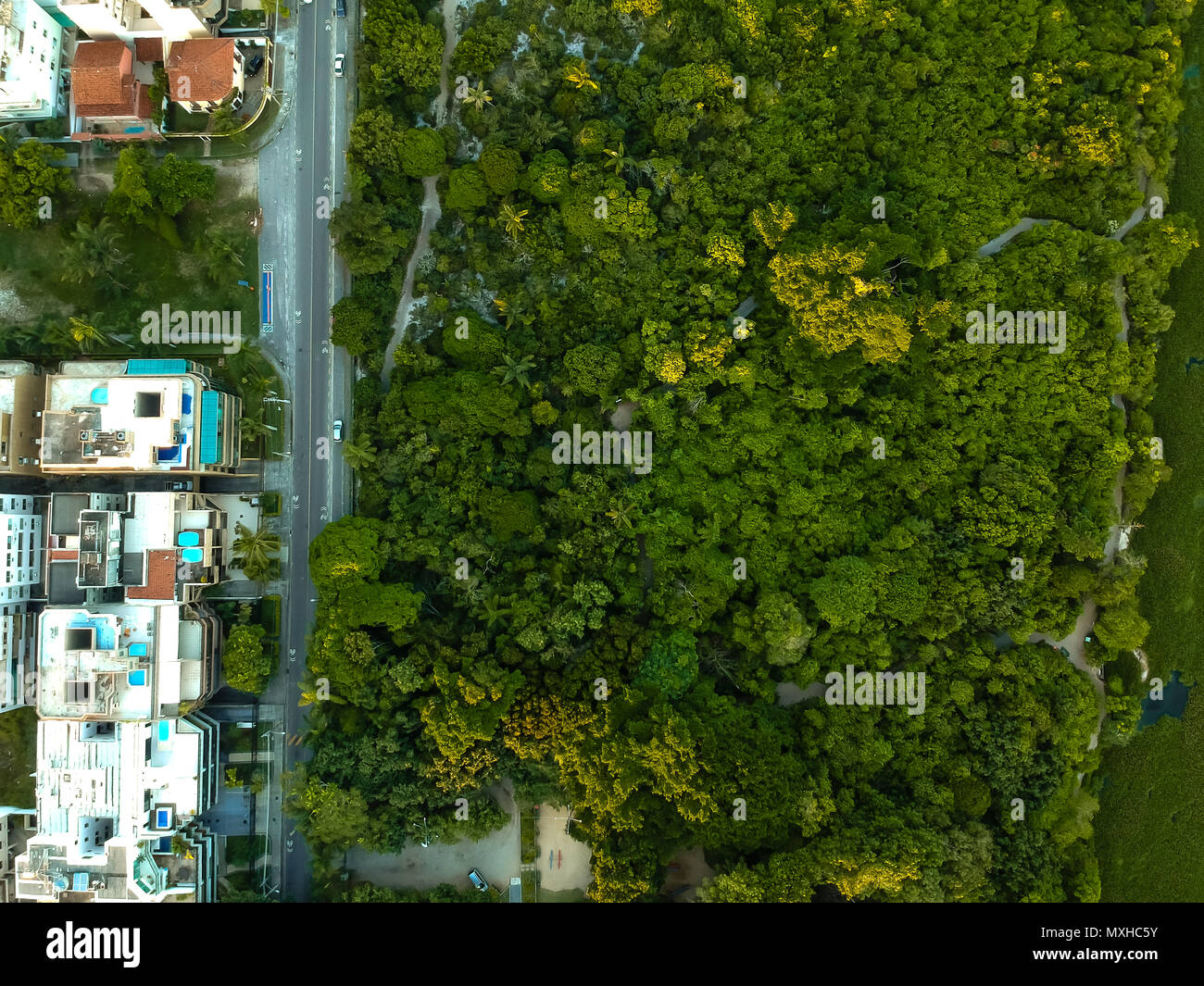 Vista aerea della laguna al tramonto in Recreio dos Bandeirantes su un giorno d'estate. La vegetazione verde può essere visto su entrambi i lati, nonché case Foto Stock