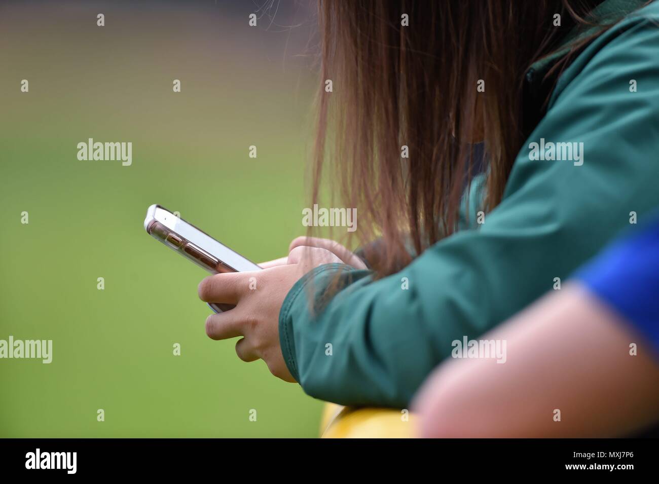 Palatine, Illinois, Stati Uniti d'America. Uso del telefono cellulare ha raggiunto quasi epica la dipendenza di proporzioni simili in tutto il territorio degli Stati Uniti. Foto Stock