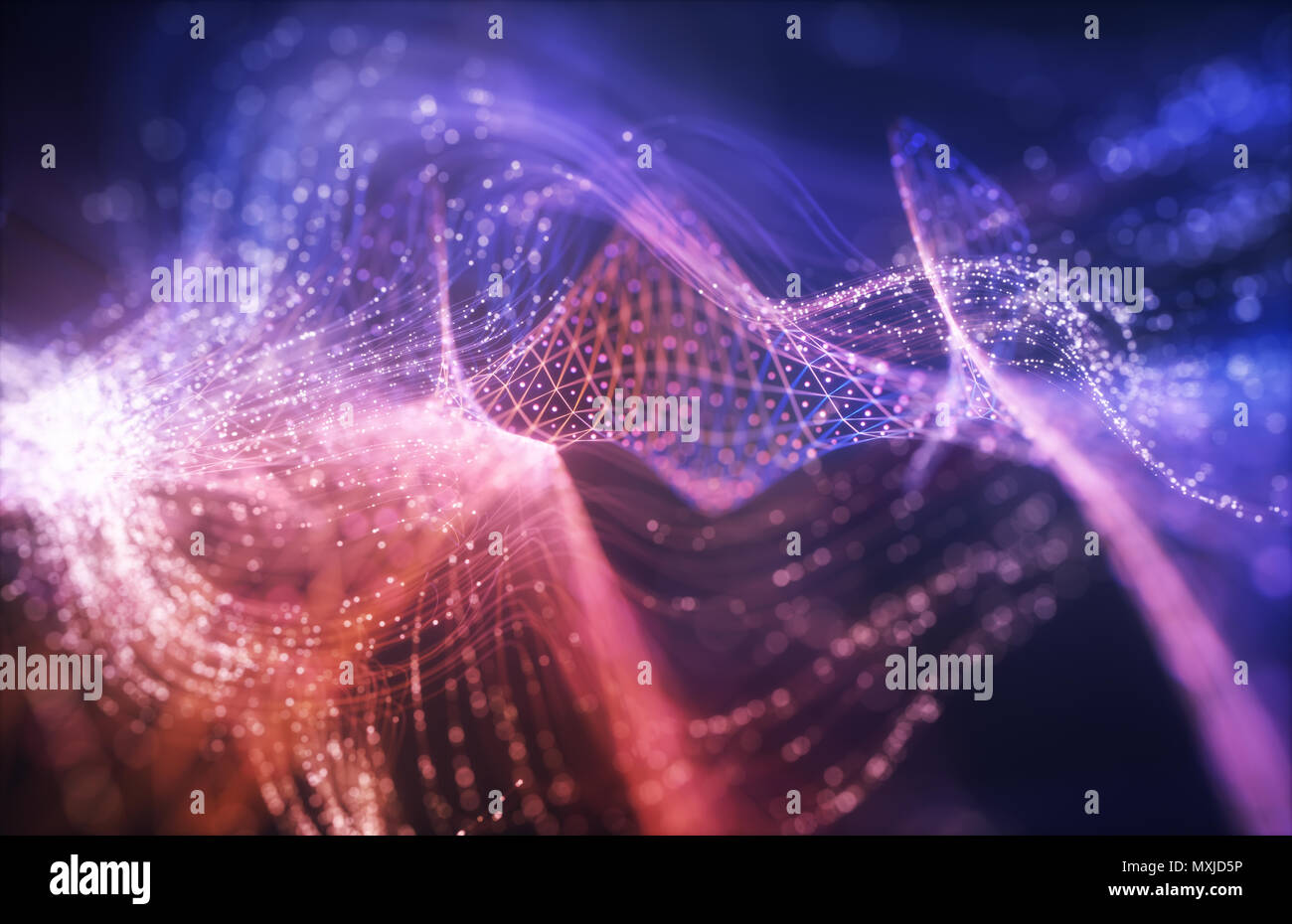 3D'illustrazione. Immagine astratta di maglie, linee e punti colorati in forma di fluido. Sfondo colorato design. Foto Stock