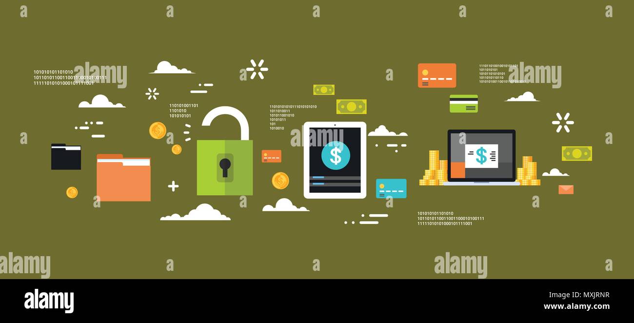Di sicuro il denaro elettronico il concetto di protezione Computer Privacy Internet Information Security piatta Logo Banner sfondo verde Illustrazione Vettoriale