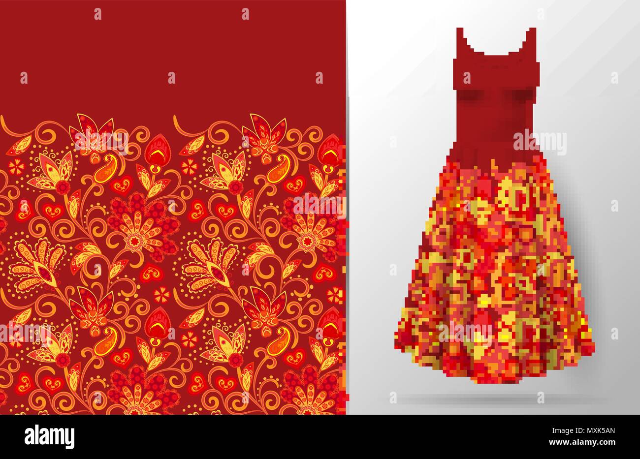 Senza saldatura verticale fiori di fantasia pattern di confine. Disegnare a mano sfondo floreale sul vestito mockup. Vettore. Tradizionale modello orientale per prodotti tessili, sfondi, decor. Rosso Giallo. Illustrazione Vettoriale