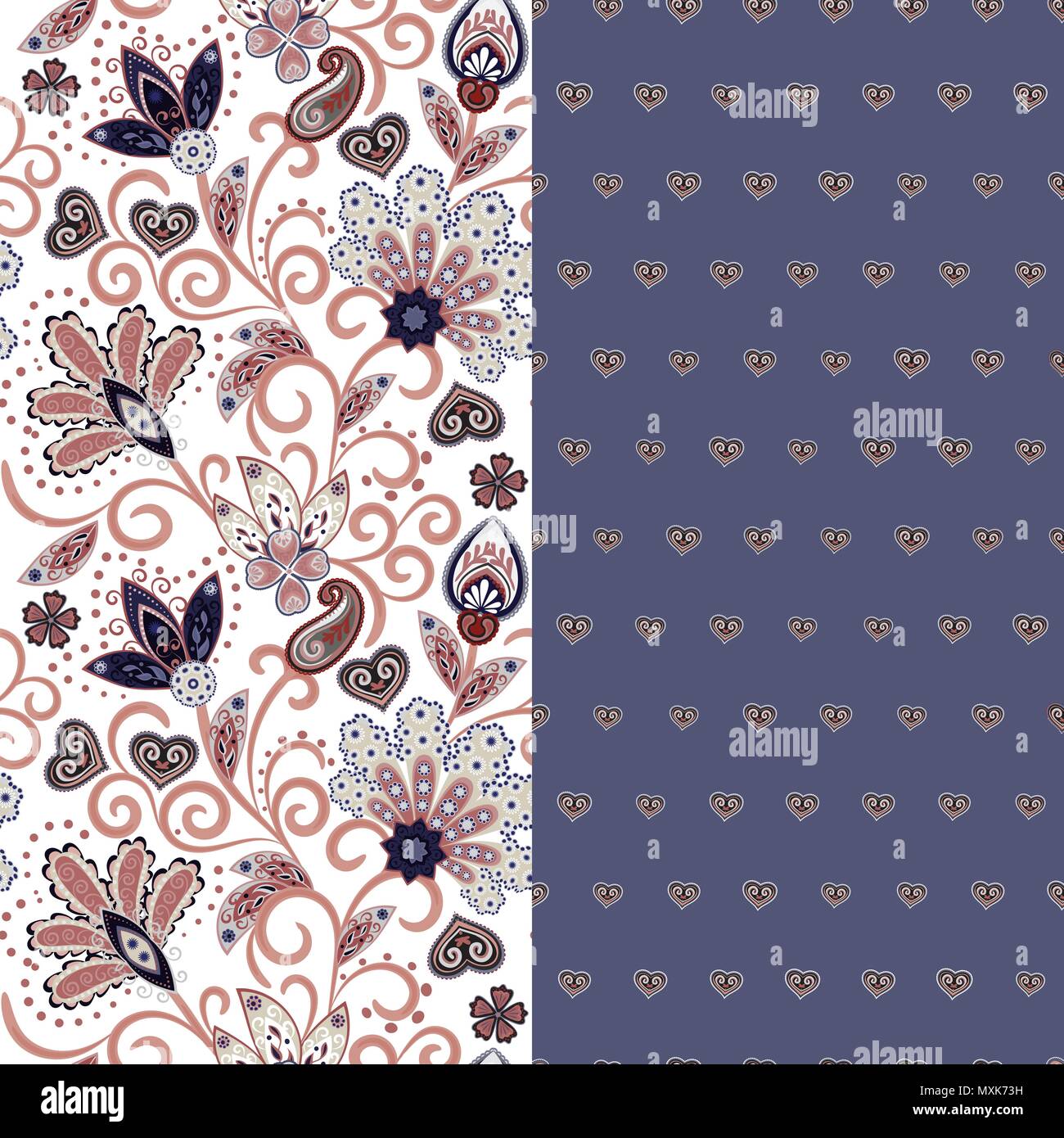 Set di due orizzontali seamless motivo floreale con paisley e fantasia fiori confine. Disegnata a mano la texture per i vestiti, biancheria, tessuto del vestito ecc. Lillà Illustrazione Vettoriale