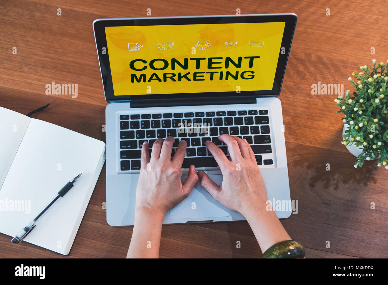 Vista superiore tipo di mano sulla tastiera del notebook con i contenuti marketing su schermo del computer portatile e la pianta sul tavolo a casa.La tecnologia digitale business.influencer e b Foto Stock