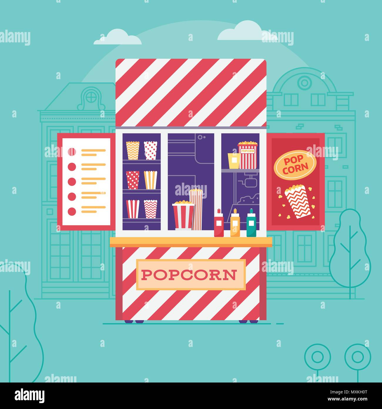 Vendita chiosco popcorn o cibo di strada in stallo Illustrazione Vettoriale