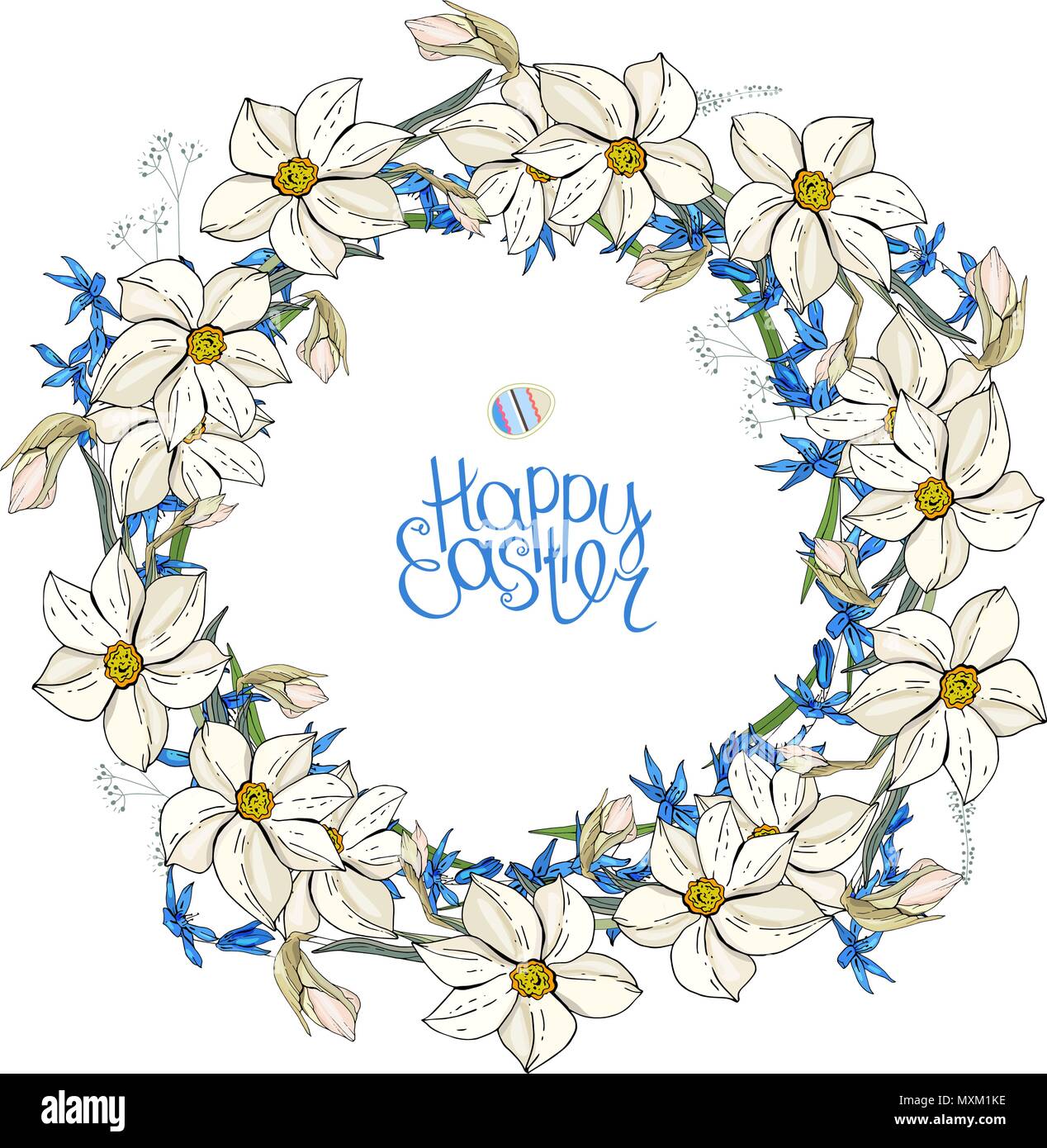 Ghirlanda rotonda con fiori di primavera scilla e narcisi. Decorazione floreale saeson telaio per il design di festa Illustrazione Vettoriale