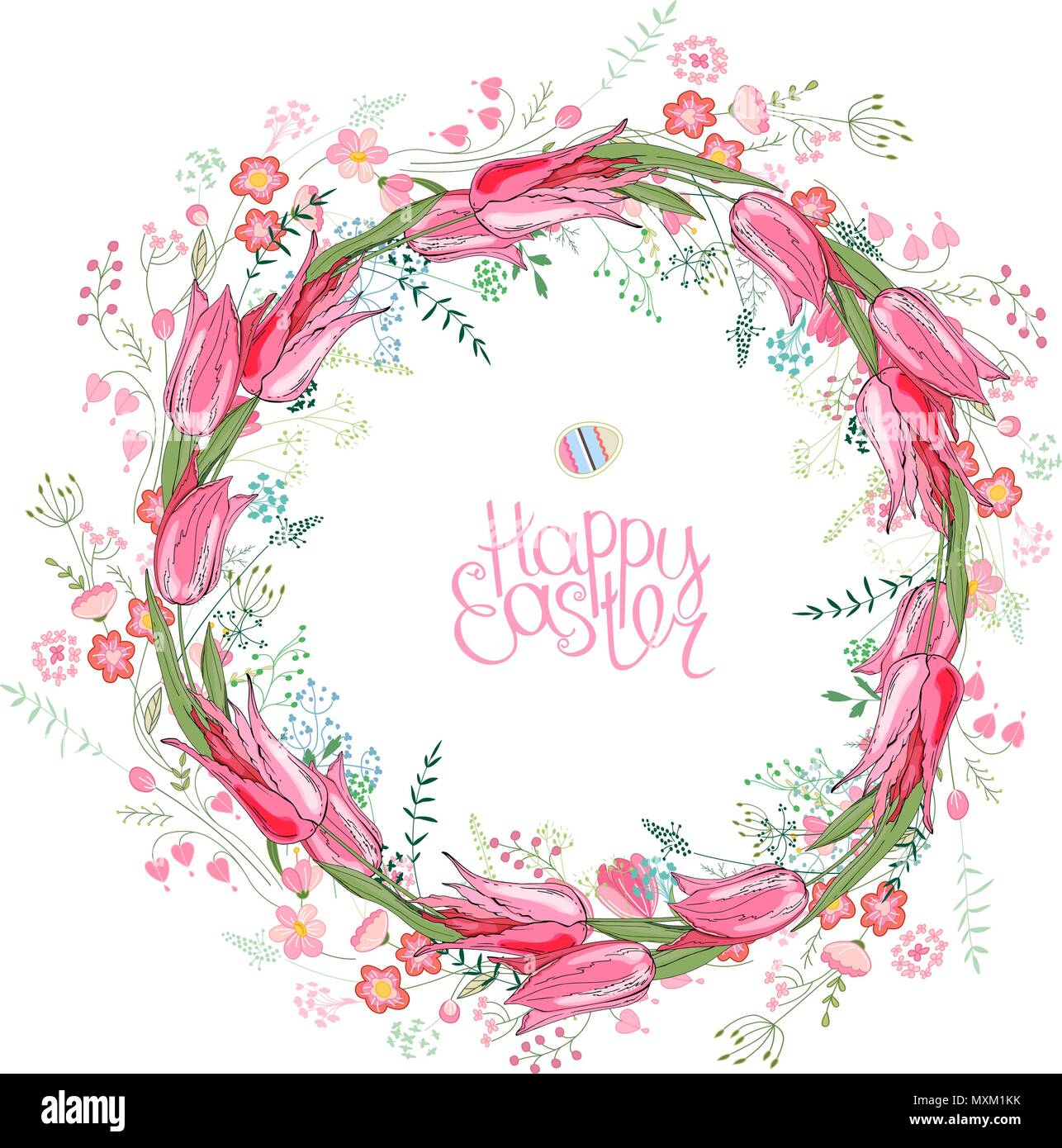 Ghirlanda rotonda con fiori di primavera tulipani e e piccoli fiori di colore rosa. Decorazione floreale saeson telaio per il design di festa Illustrazione Vettoriale