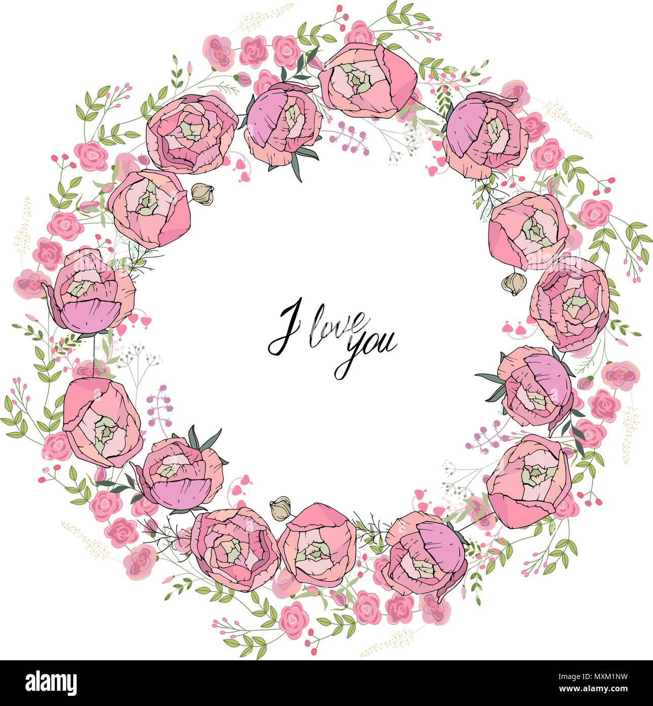 Round ghirlanda floreale con rose fiori. Decorazioni per matrimoni e design romantico Illustrazione Vettoriale