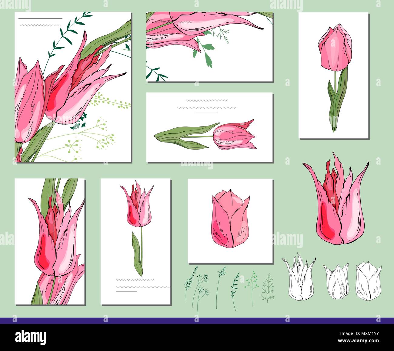 Tulip set con visitcards e modelli di messaggio di saluto Illustrazione Vettoriale