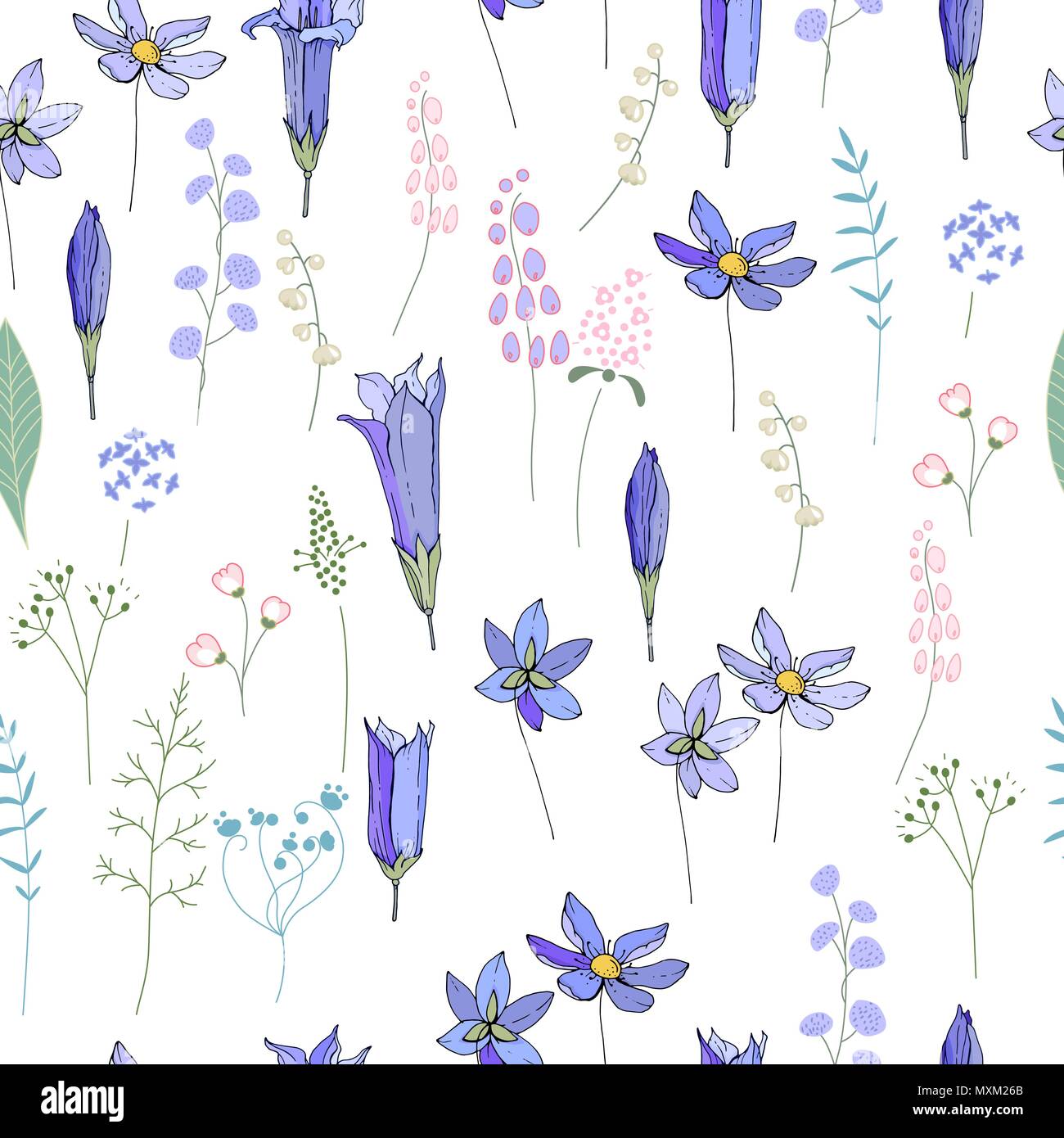 Modello senza cuciture con molla fiori blu. Infinite texture per stagione design di pasqua Illustrazione Vettoriale