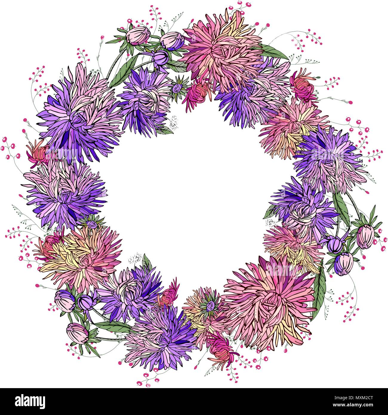 Round cornice floreale di diversi astri. Ghirlanda rotonda con spazio per il testo per la stagione del design Illustrazione Vettoriale