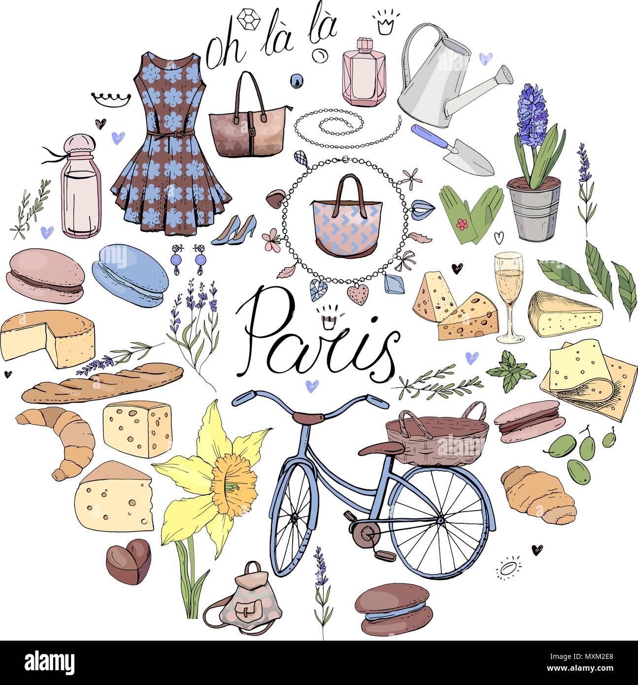 Cerchio di diversi simboli legati alla Francia, viaggiare e Parigi. Blu e marrone colore. Modello tondo per biglietti di auguri isolato su bianco Illustrazione Vettoriale